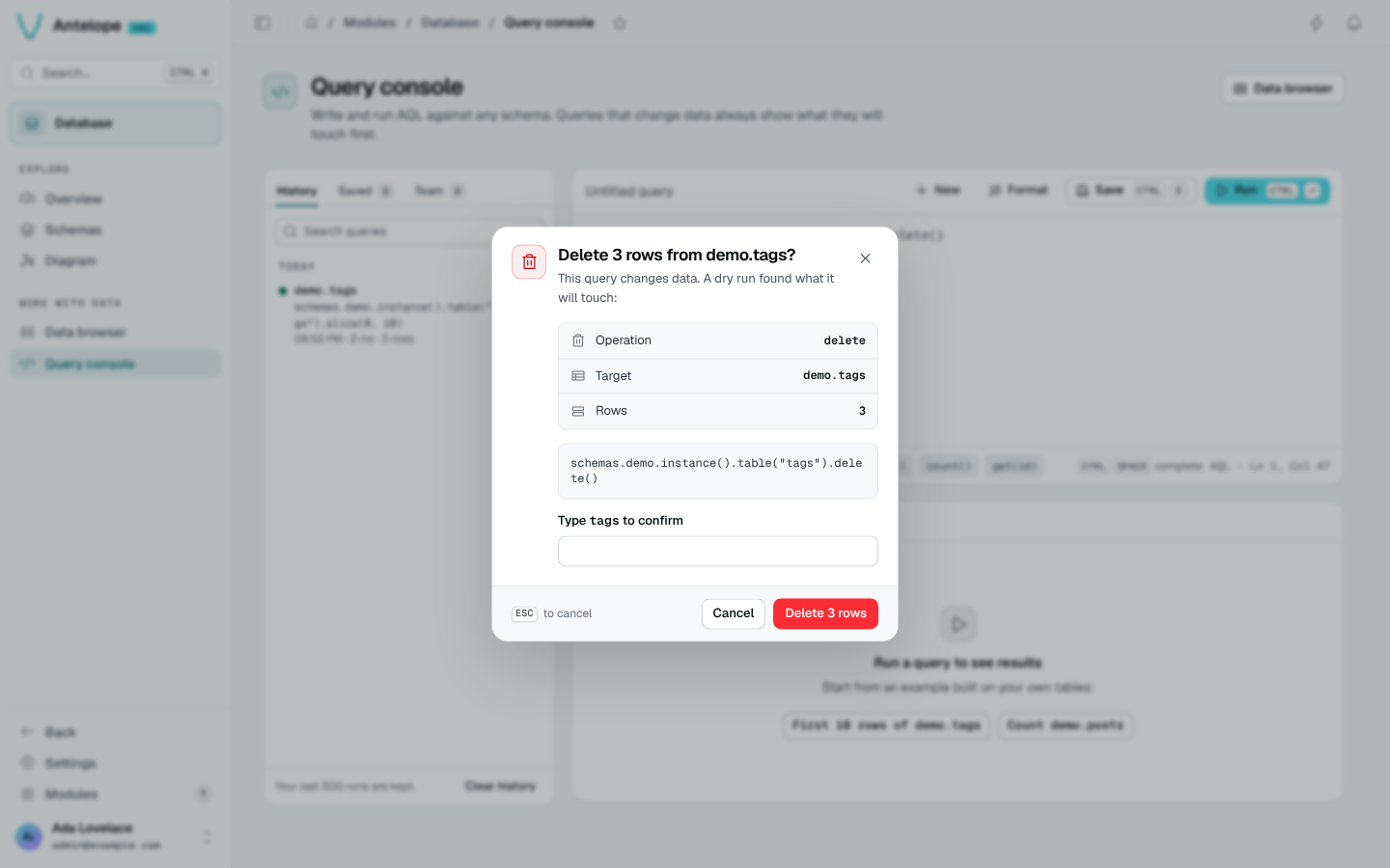 The confirmation dialog of a delete on demo.tags, after its dry run