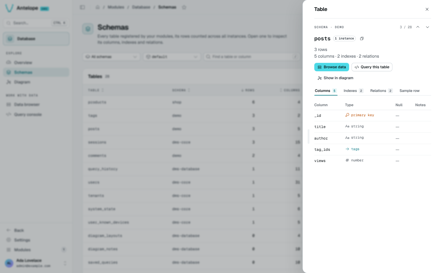 The table inspector open on demo.posts, listing its columns