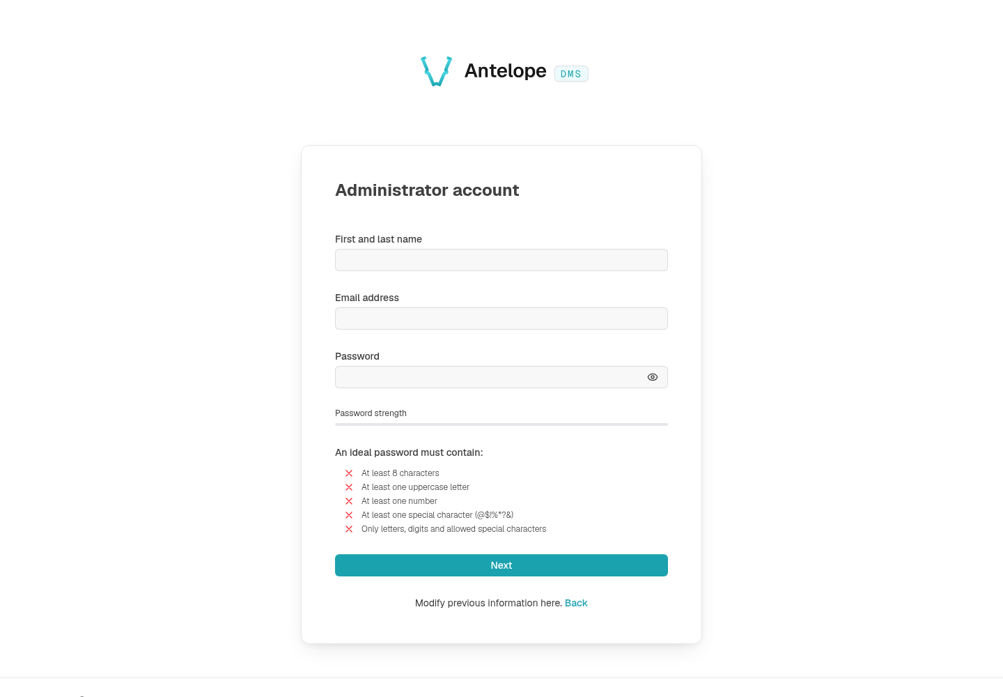The administrator account step of the DMS onboarding wizard, with empty name, email and password fields