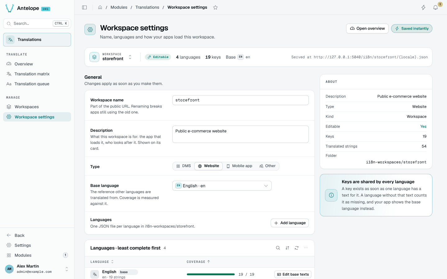 The settings of the storefront workspace