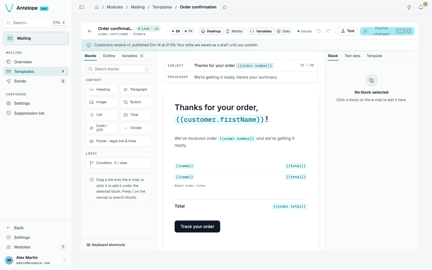 The editor of the Order confirmation template, with variables shown as tokens