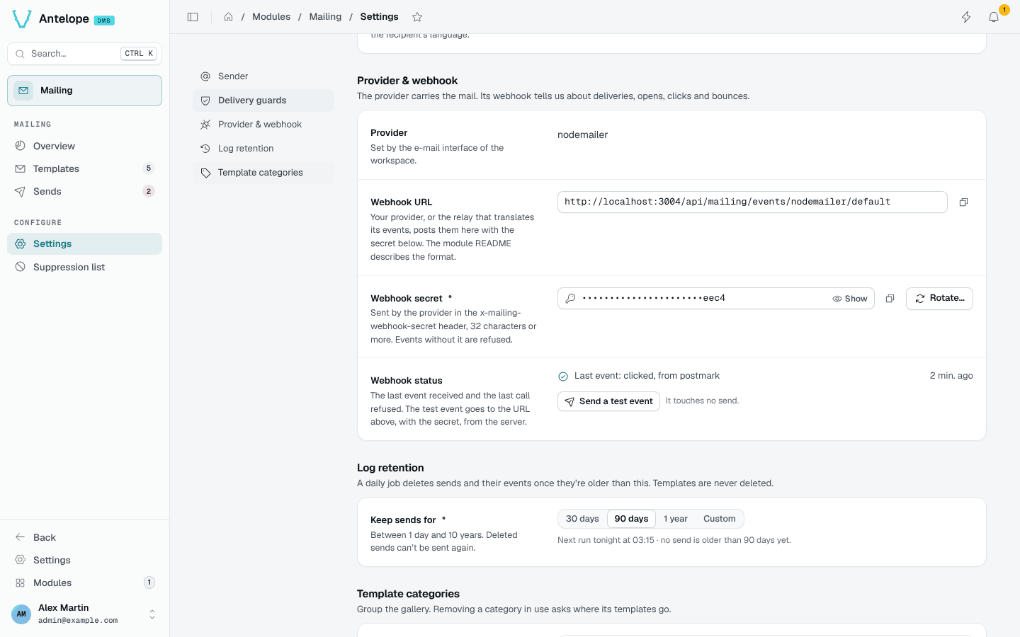 The webhook URL, secret and status