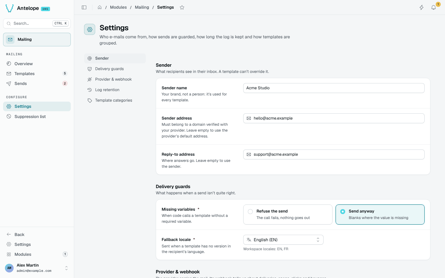 The Settings page: sender and delivery guards