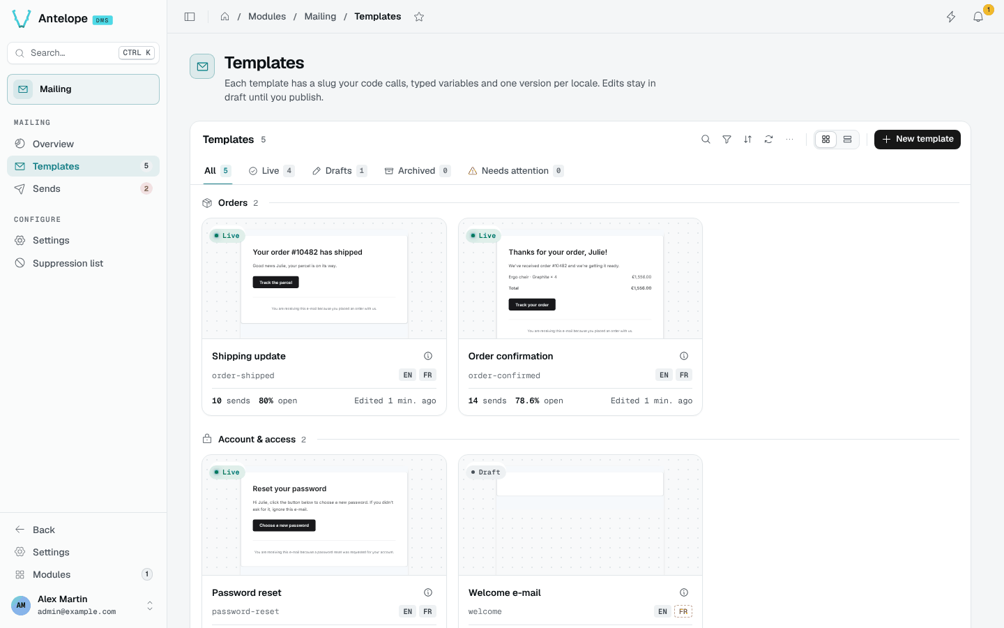 The template gallery grouped by category, with live and draft templates