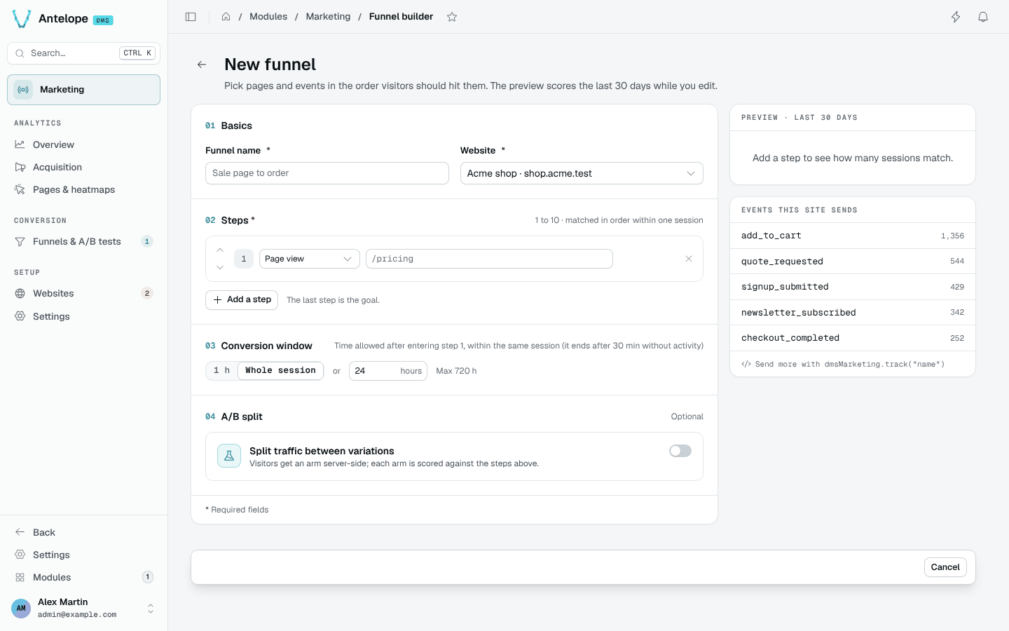 Funnel builder: the name and website, the steps, the conversion window presets and the optional A/B split, and beside them the preview of the last 30 days and the events the site sends