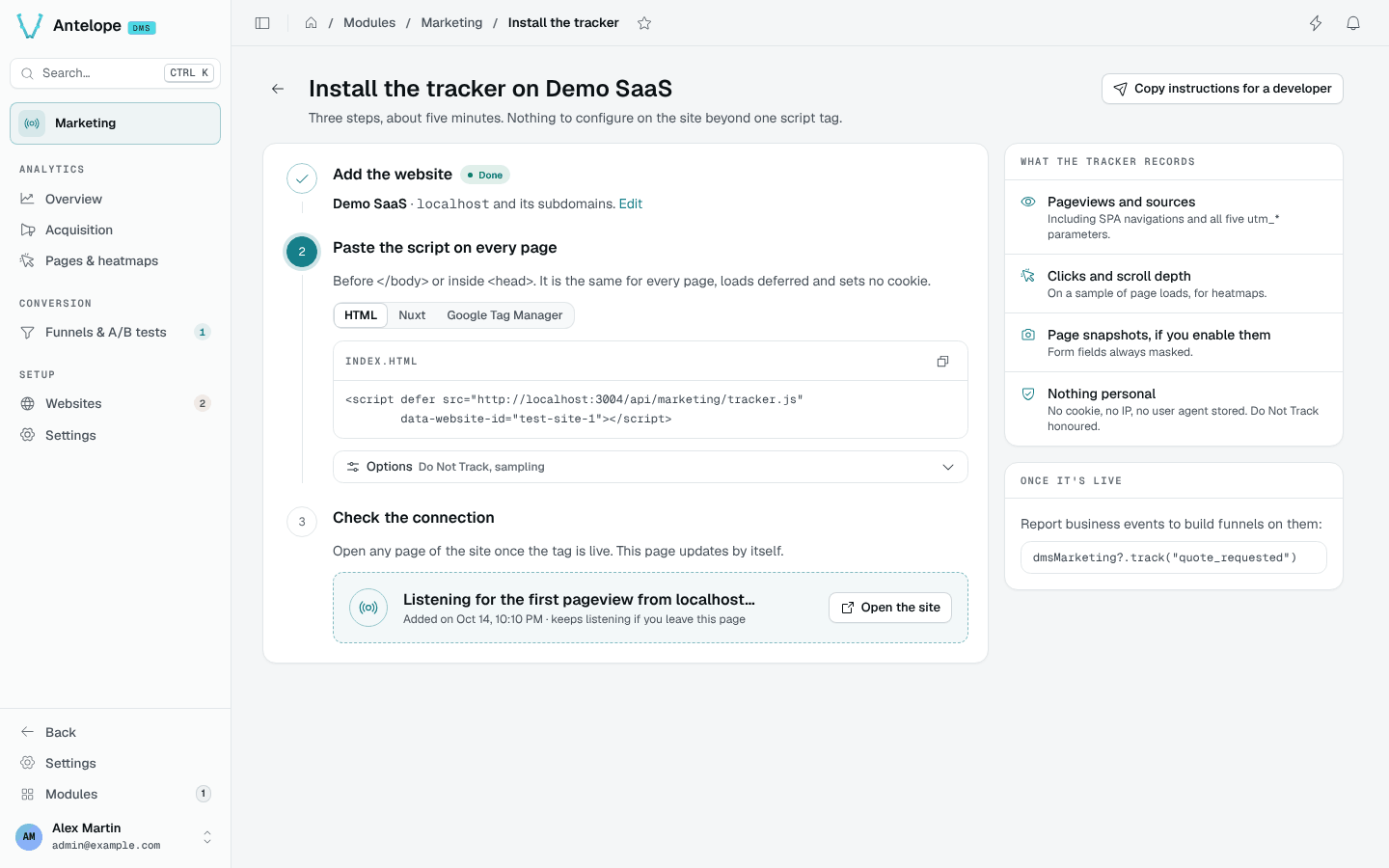 Playground install guide with the HTML tracker tag and Nuxt and Google Tag Manager tabs, waiting for its first pageview