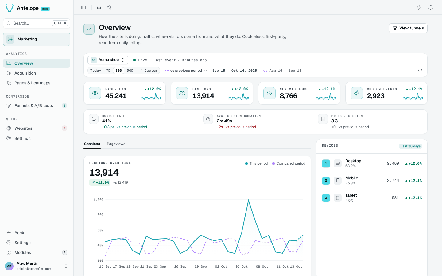 The Overview: website and period bar, four KPI cards with their change and sparkline, session quality, and the traffic chart against the previous period
