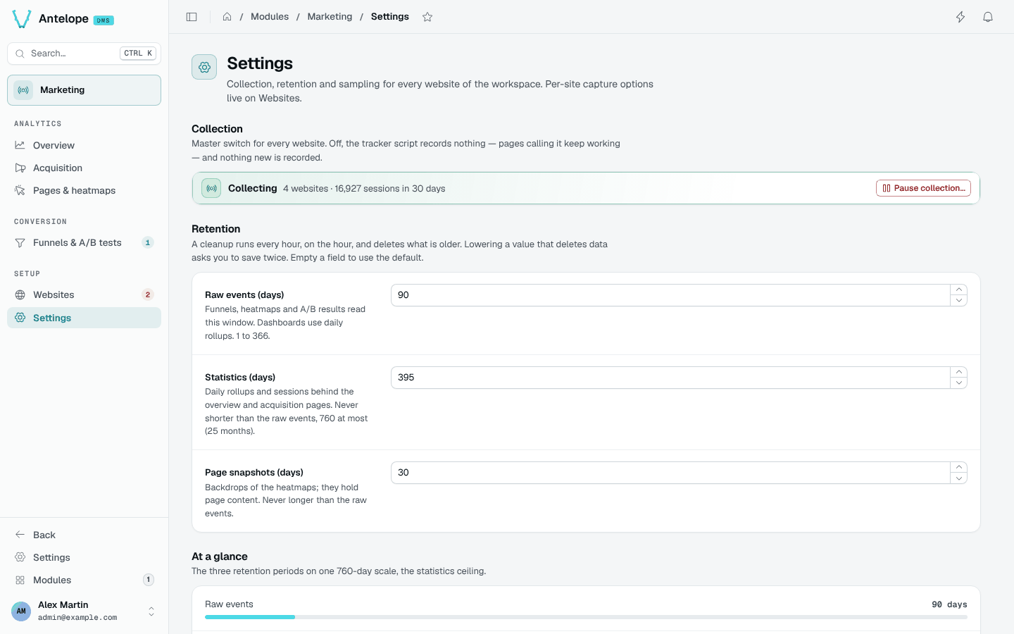 The Settings page: collection status, retention and At a glance
