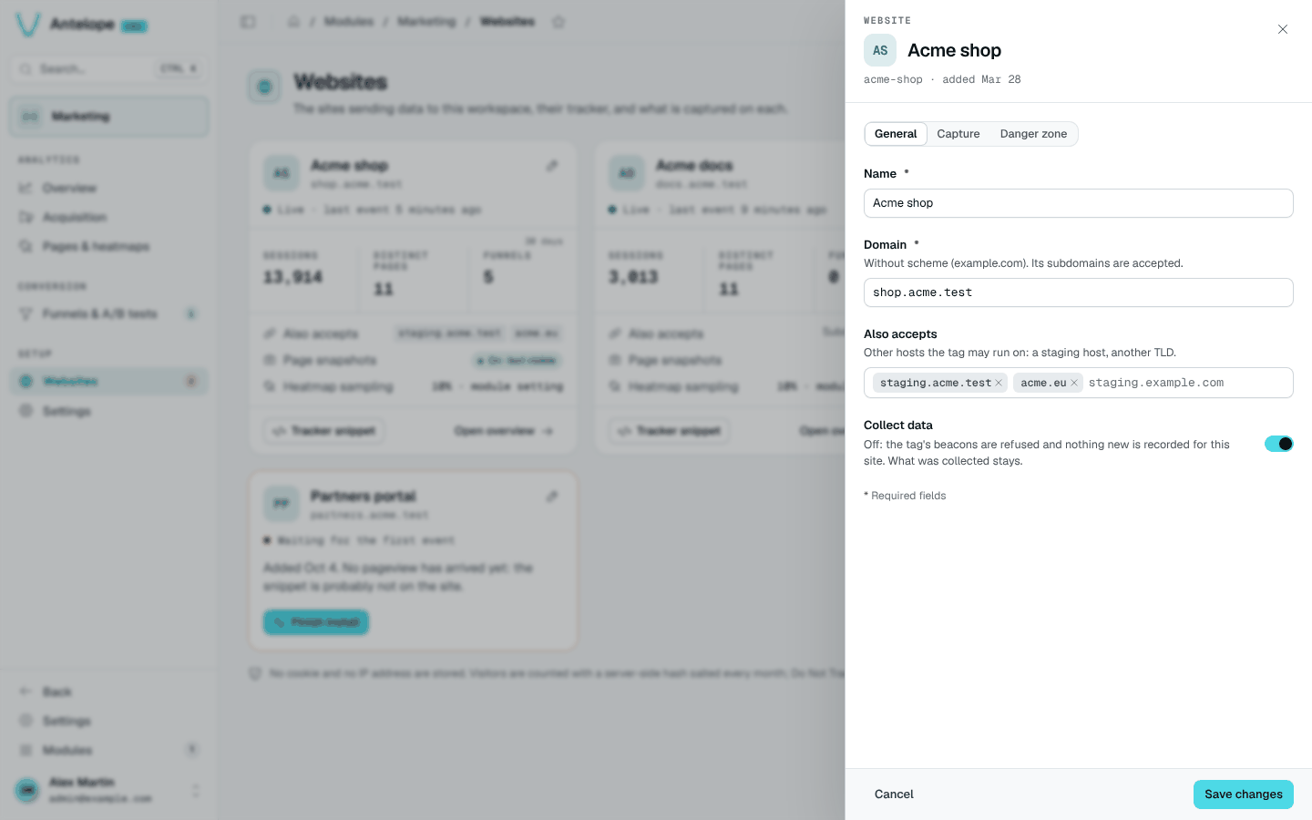 The settings drawer of a website, on its General tab
