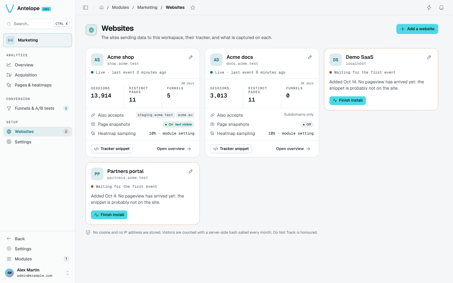 Websites: one card per site with its live or waiting state, sessions, pages and funnels over 30 days, accepted hosts, snapshot and sampling state
