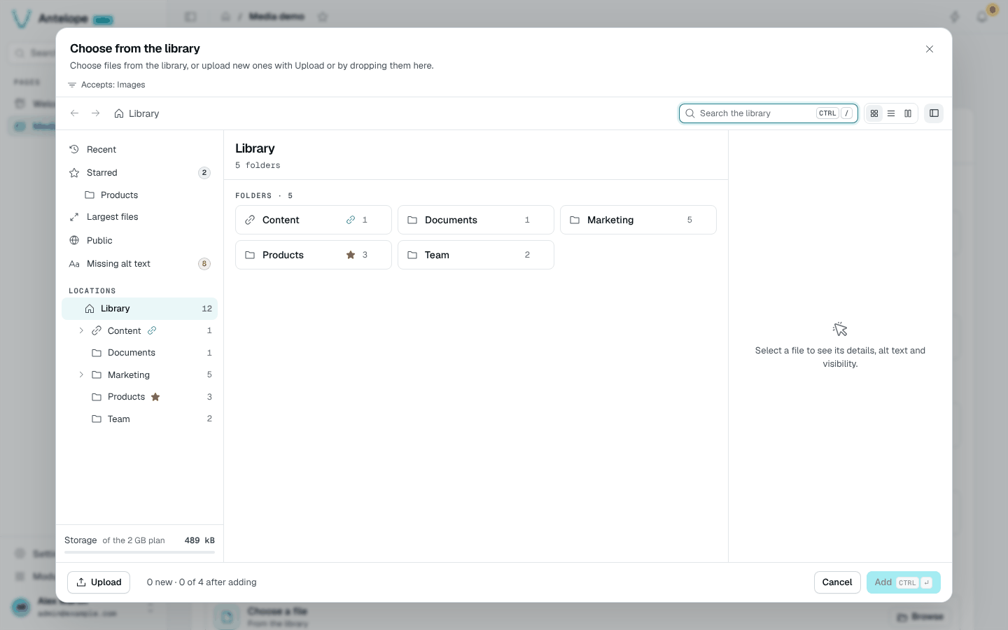 An AssetType field on a project page opens the library as a picker