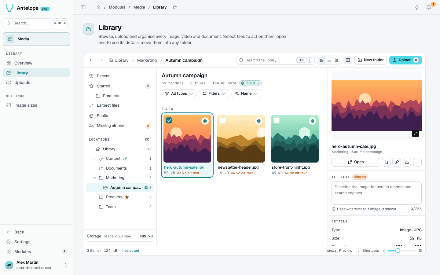 The Media library explorer: views and folders on the left, the files of a folder in the middle, the selected file's details on the right