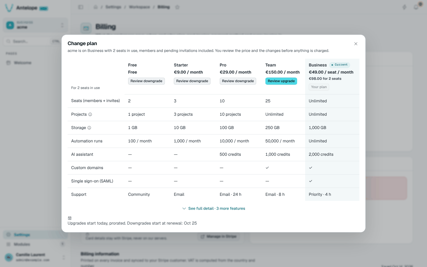 The Change plan dialog