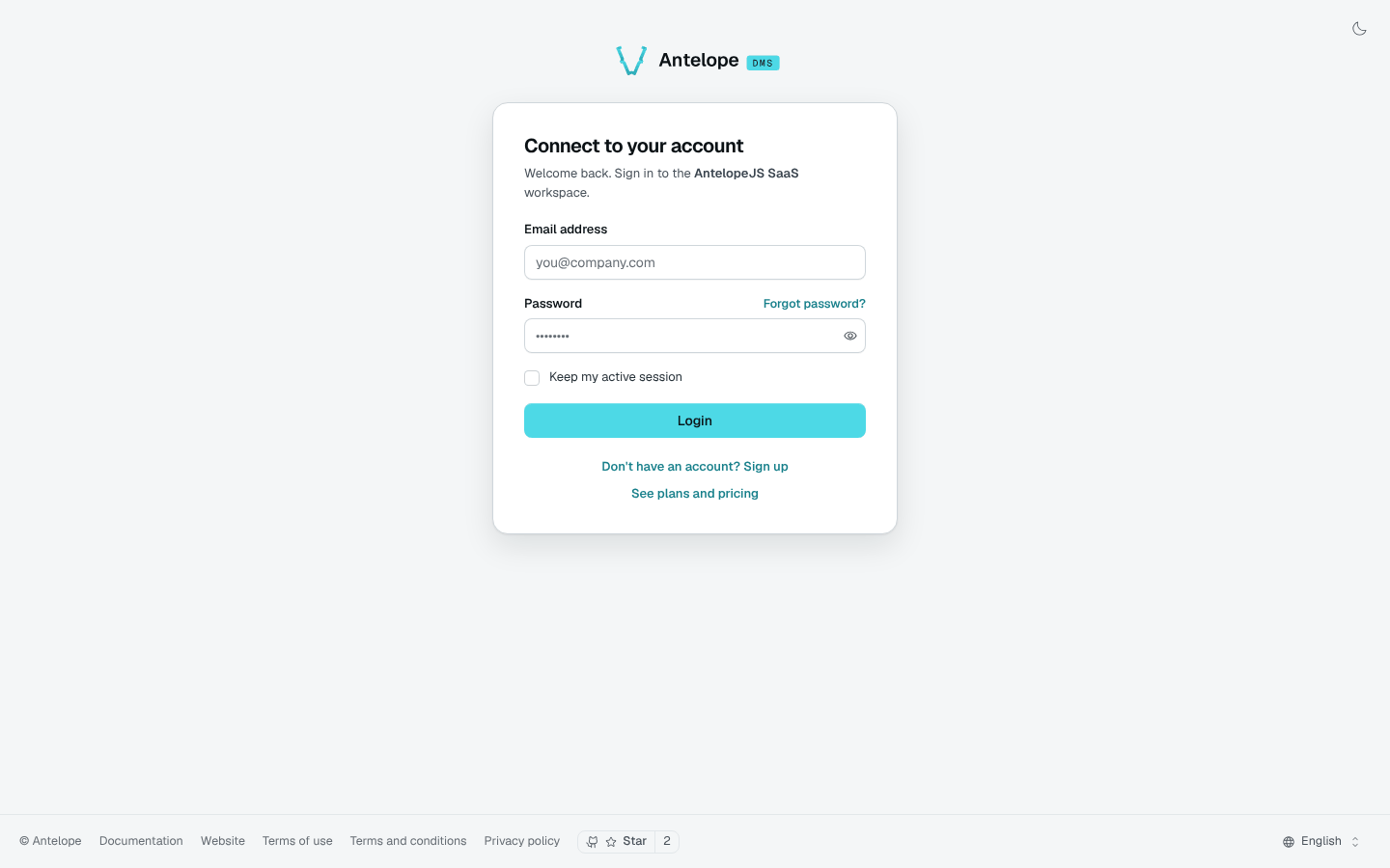 The sign-in page with the sign-up and pricing links