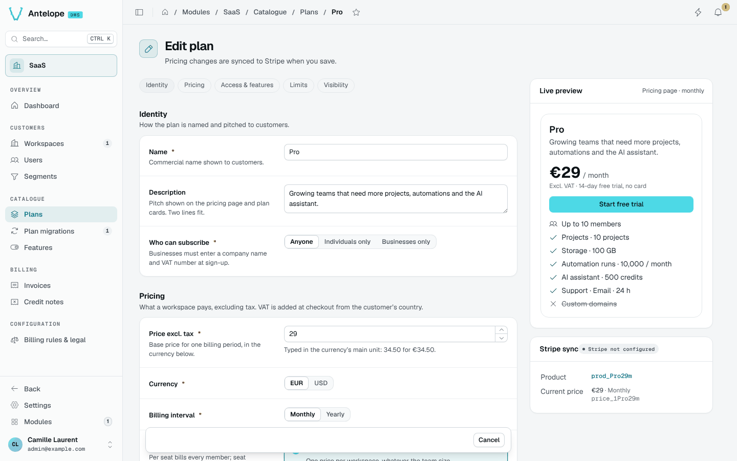 The editor of the Pro plan with its live preview