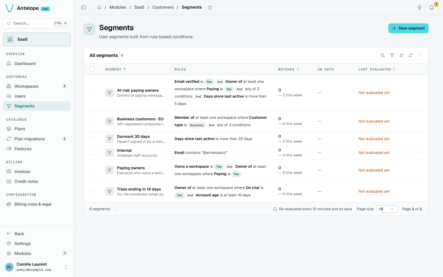 The segments list with their rules
