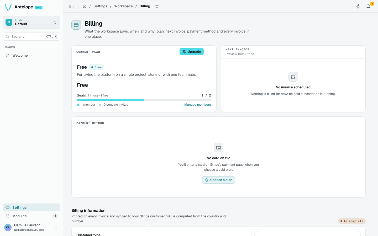 The Billing page of a workspace on the free plan