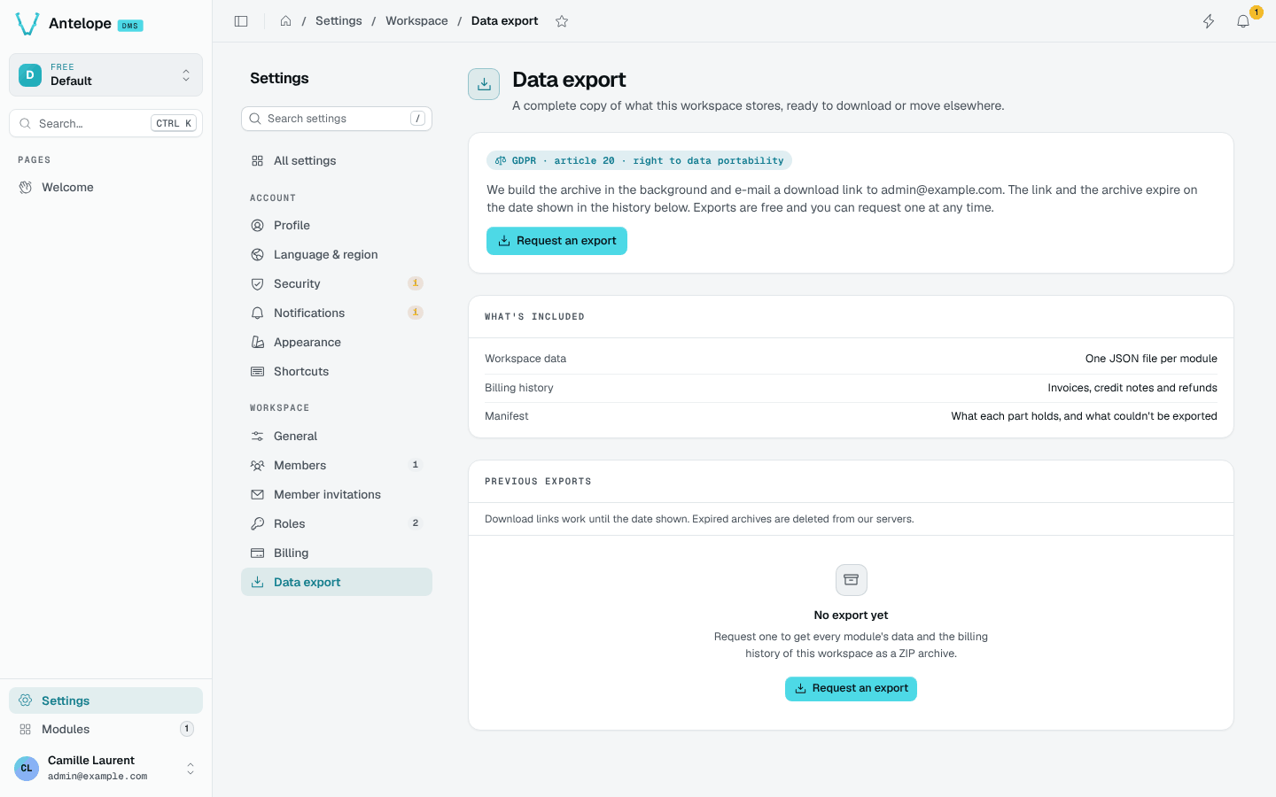 The Data export page