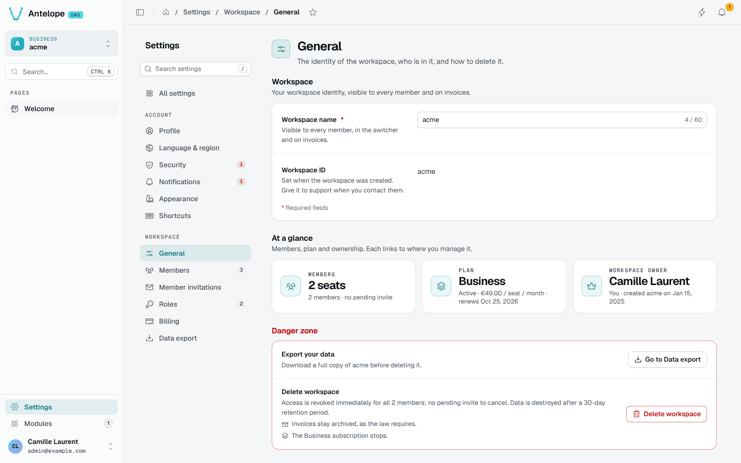 The General page of the acme workspace