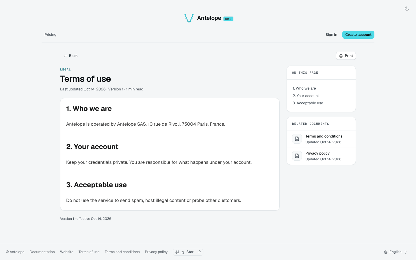 The terms of use page