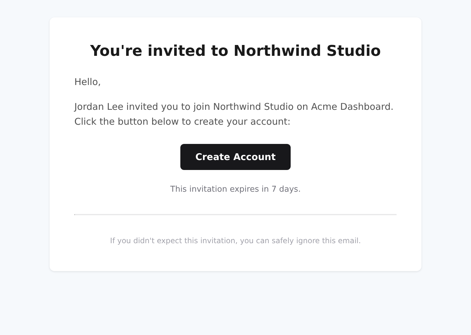 Rendered invitation from Jordan Lee to Northwind Studio on Acme Dashboard
