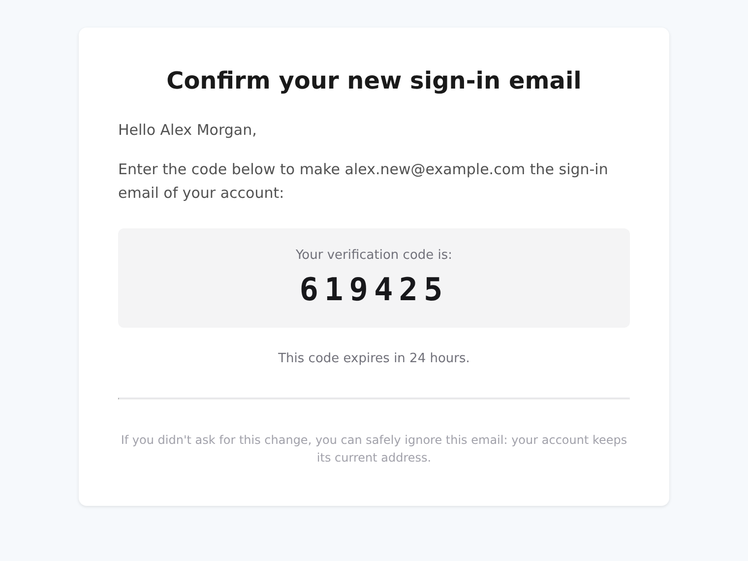 Rendered confirmation email naming the new sign-in address and verification code