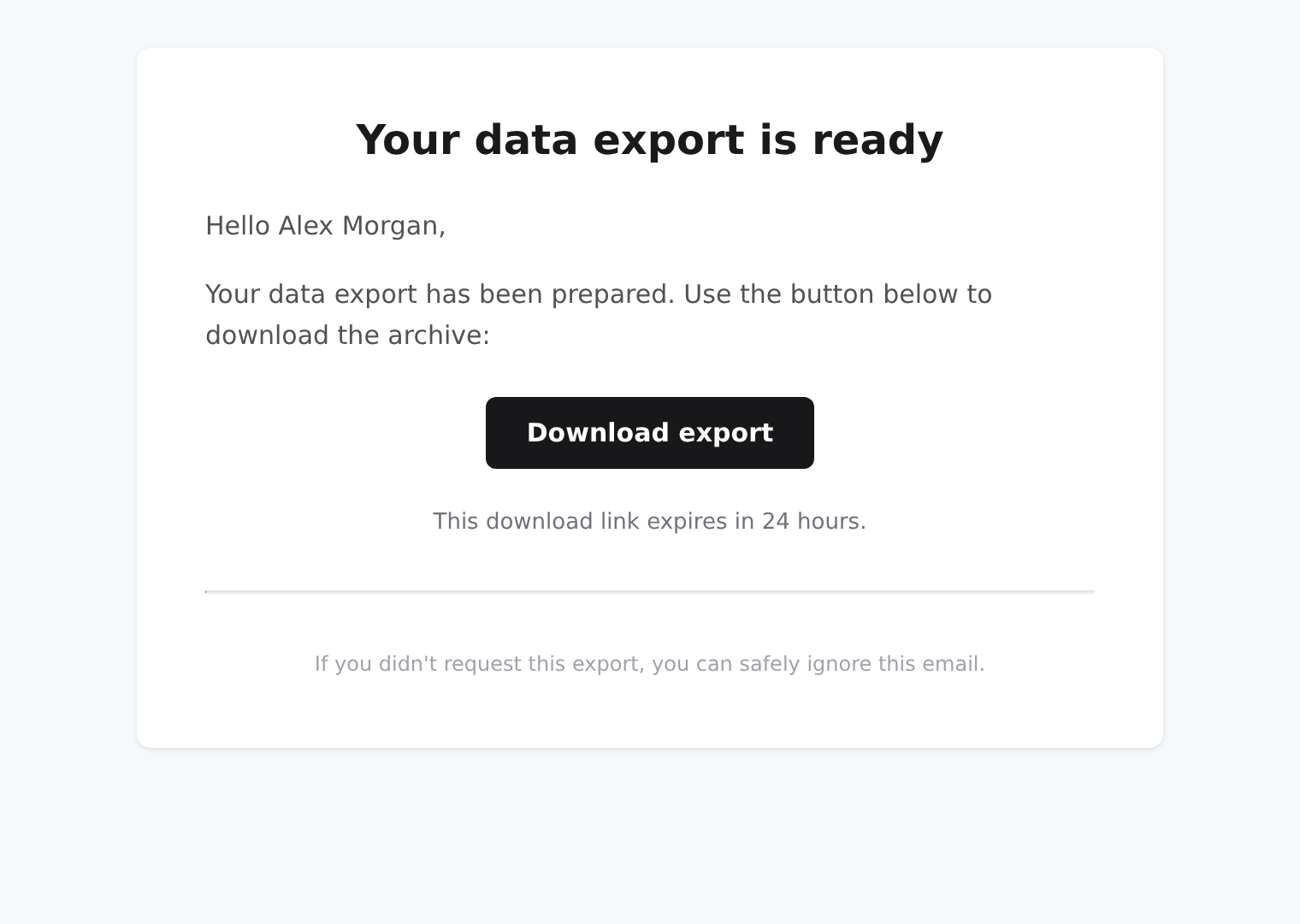 Rendered complete data-export email with a download button and expiry