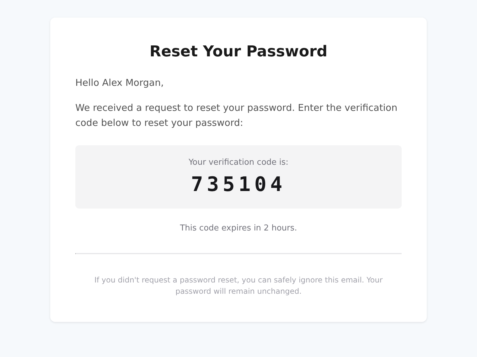 Rendered password-reset email with a two-hour code expiry