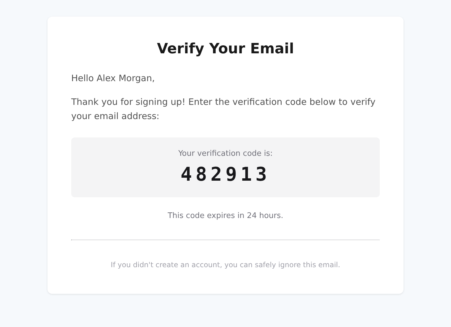 Rendered signup verification email with a six-digit code and a 24-hour expiry