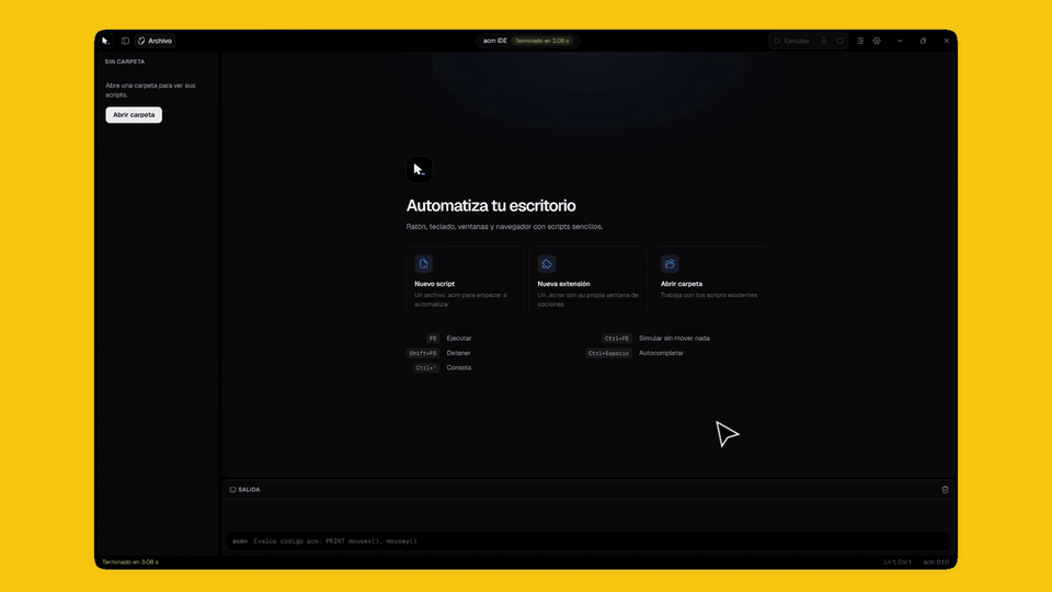 El IDE de acm ejecuta un script que abre un perfil de GitHub en el navegador y muestra un ALERT