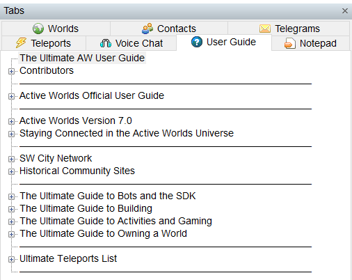 Screenshot of the User Guide in ActiveWorlds