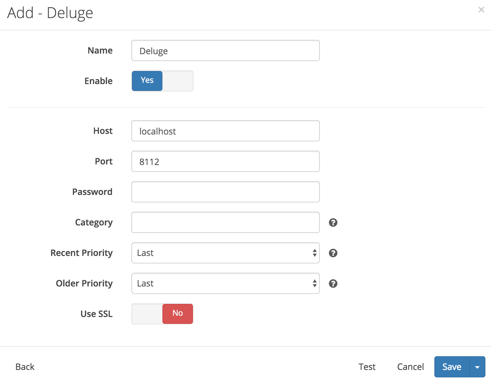 Sonarr Deluge configuration