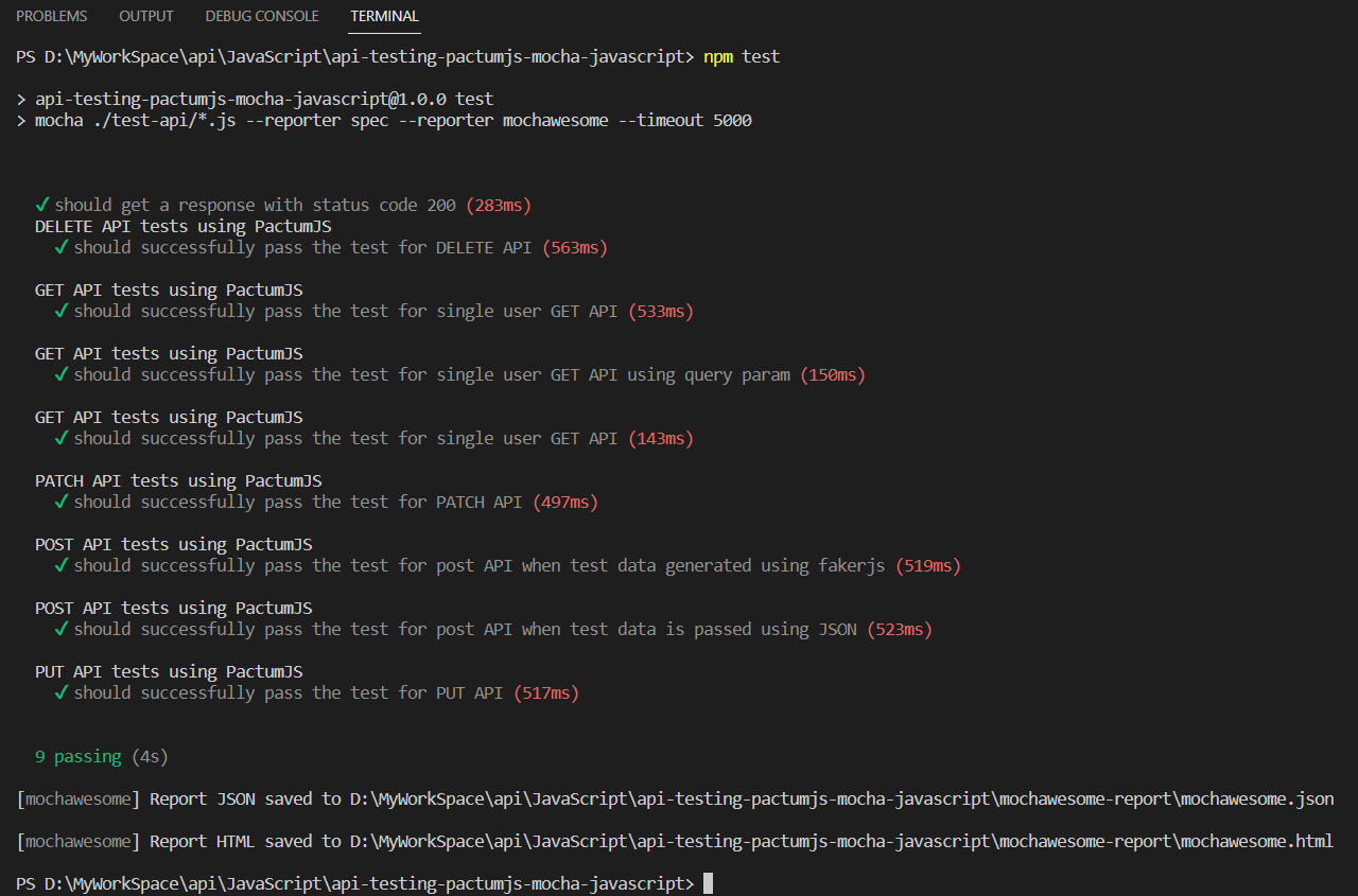 API Testing using PactumJS, MochaJS, and JavaScript Test Report