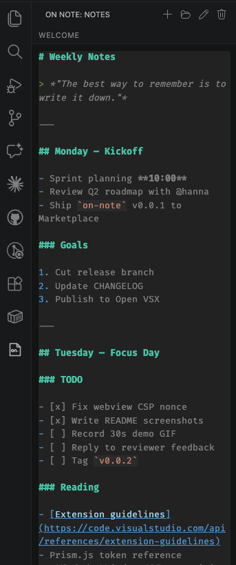 On Note sidebar showing a Markdown note with syntax highlighting