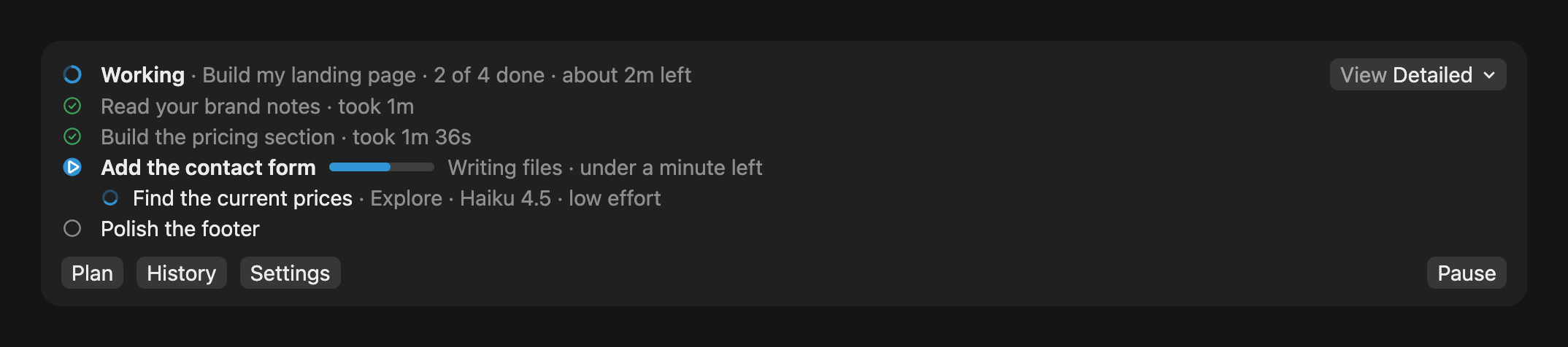 GlanceFlow in Details in the Desktop app: how long each finished step took, the current step's bar with time left, and a Haiku helper under its step