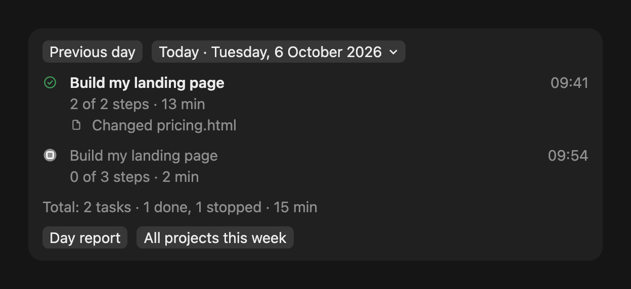 The History panel in the Desktop app: the day's jobs with start time, outcome, steps, time and files changed, the day picker and the totals