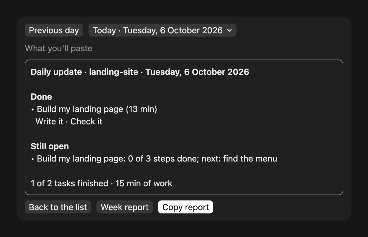 The Team report in the Desktop app: what got done, what is still open and the time spent, with Copy report