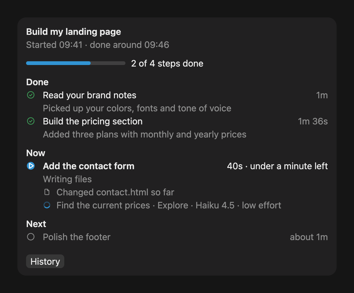 The Plan panel in the Desktop app: every step with what it got done and its time, what Claude is doing now, the files it changed and a helper at work