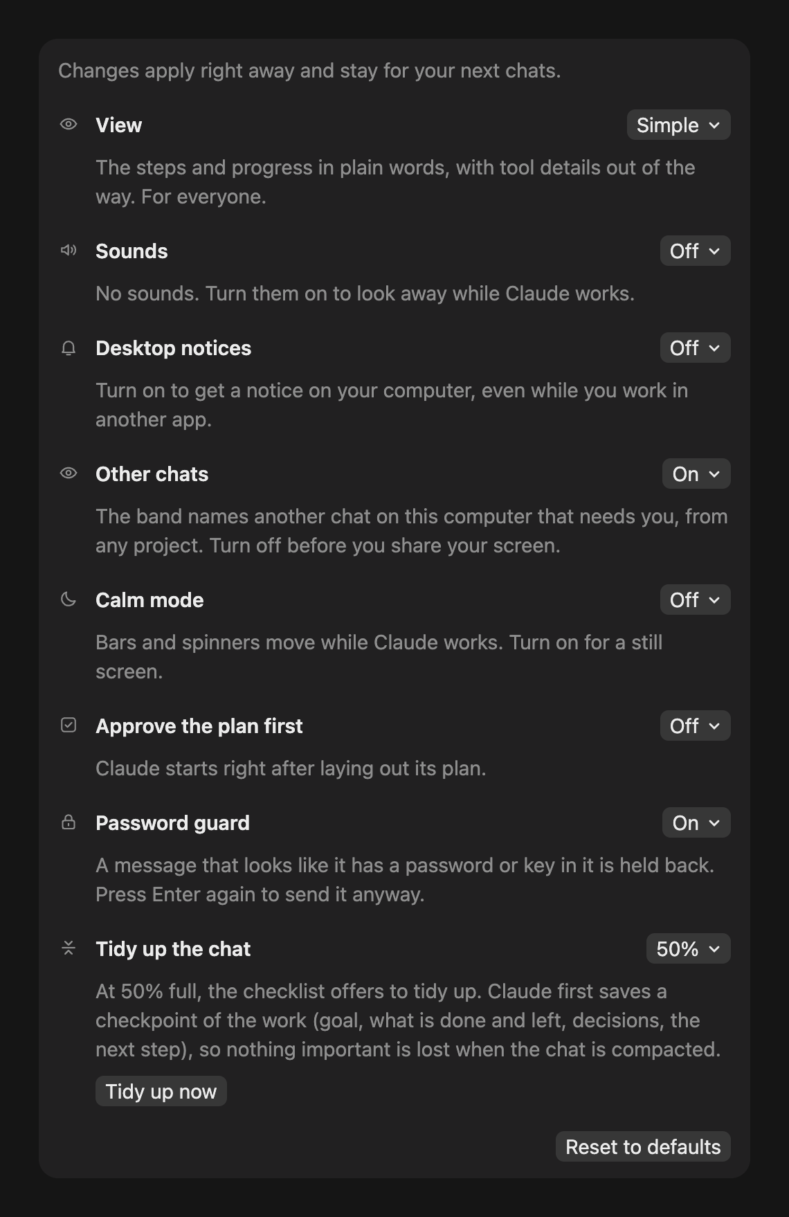 The Settings panel in the Desktop app: a menu for each choice, from the view and sounds to the password guard and when to tidy up