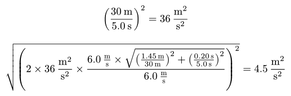 At the top an equation with the operations on the left and the result with properly combined units on the right. At the bottom a complex series of operations calculating the error propagation using the values and units.