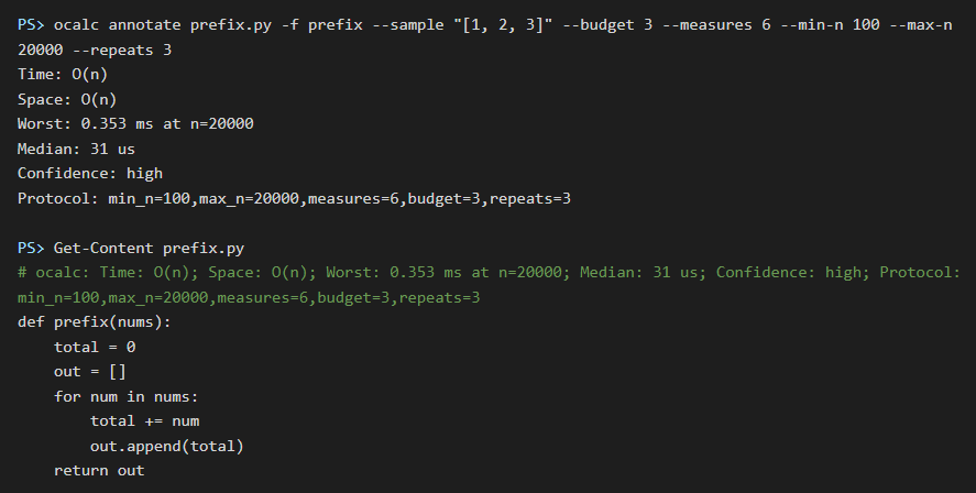 ocalc annotate writes the measured comment above the function