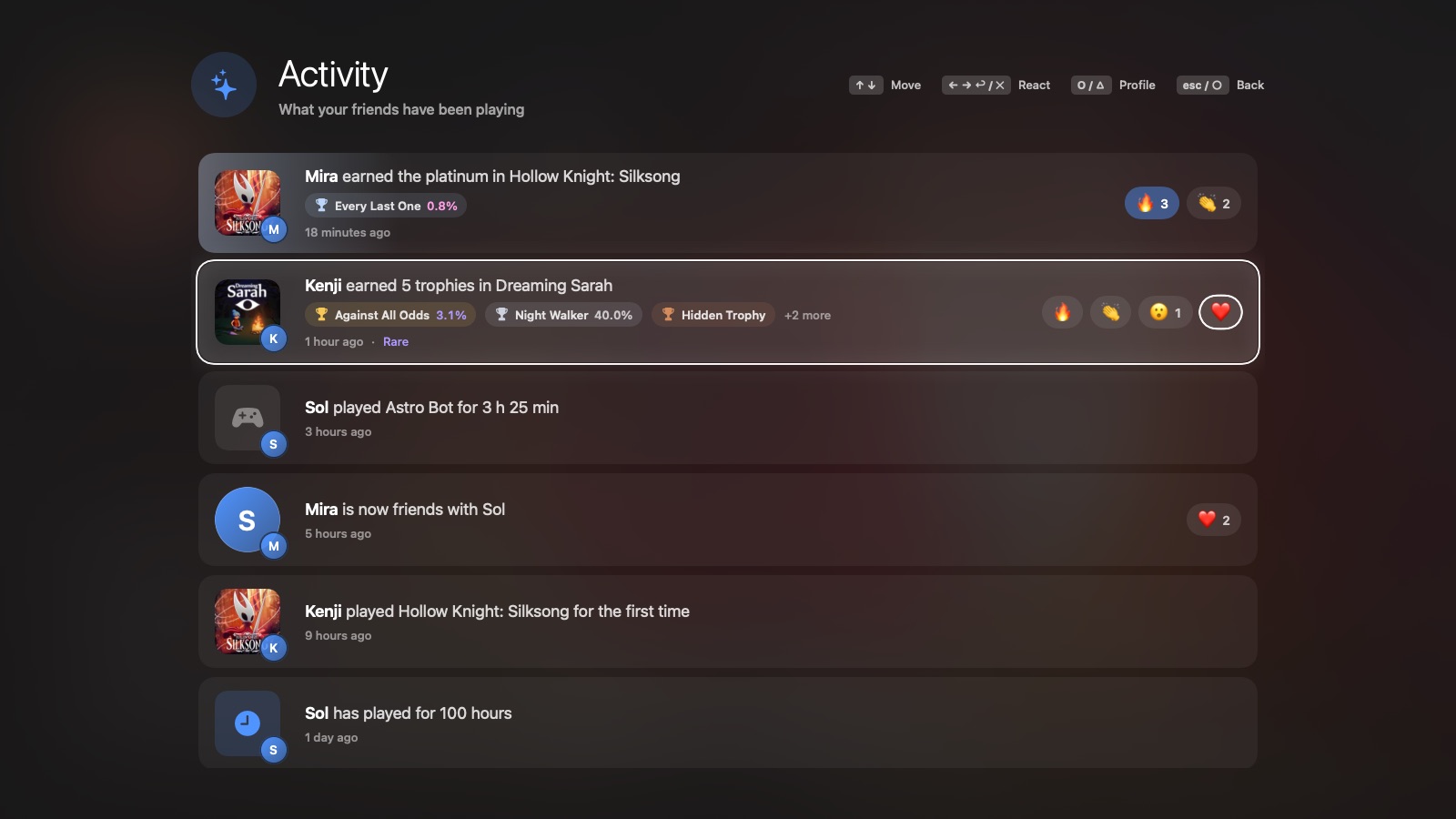 Activity feed with reactions