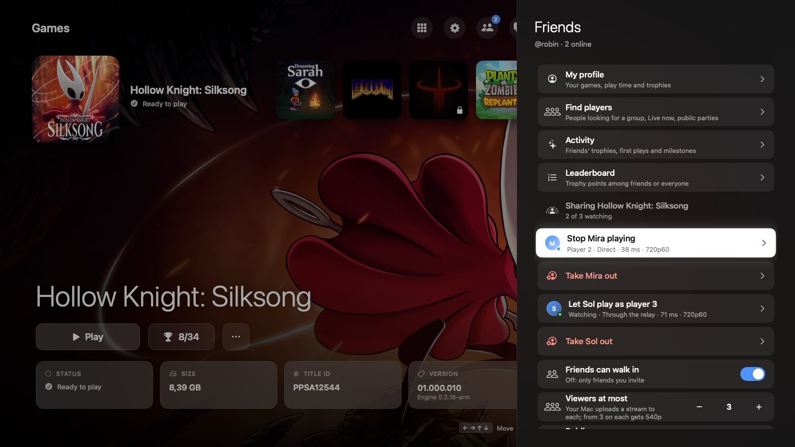 Share play: friends watch or join as player 2–4