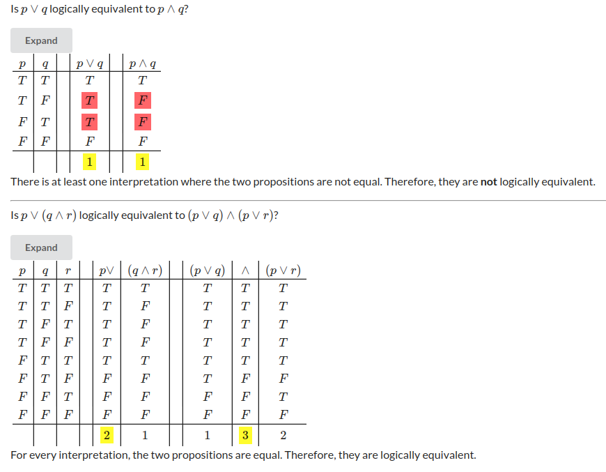 Rendered truth table