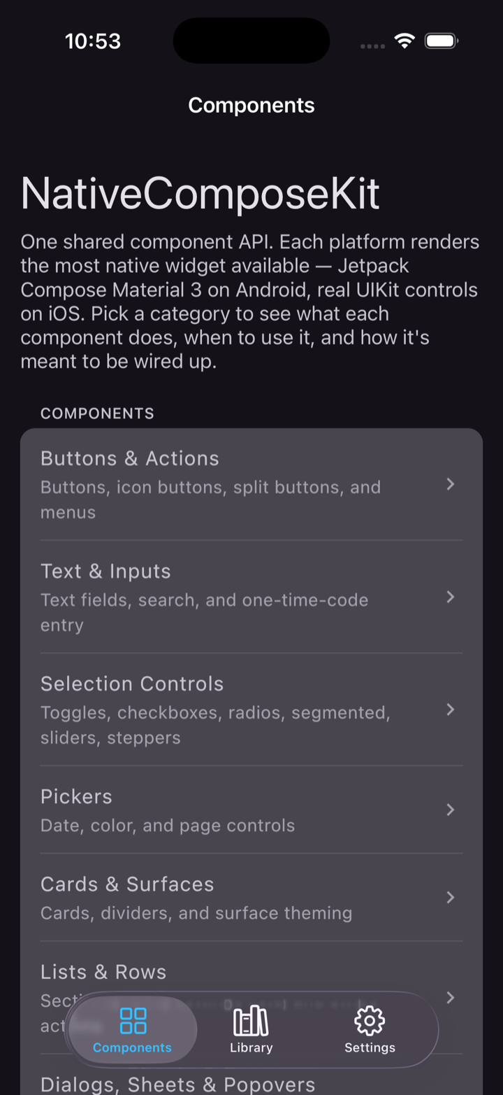 iOS — real UIKit chrome, dark