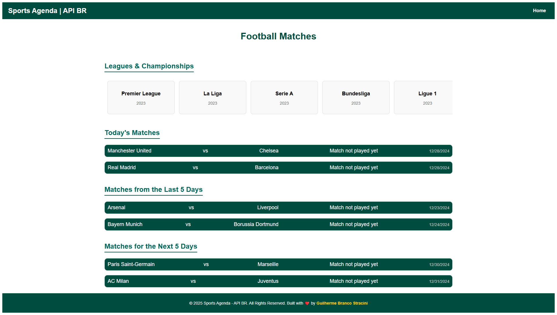 Screenshot of Sports Agenda interface