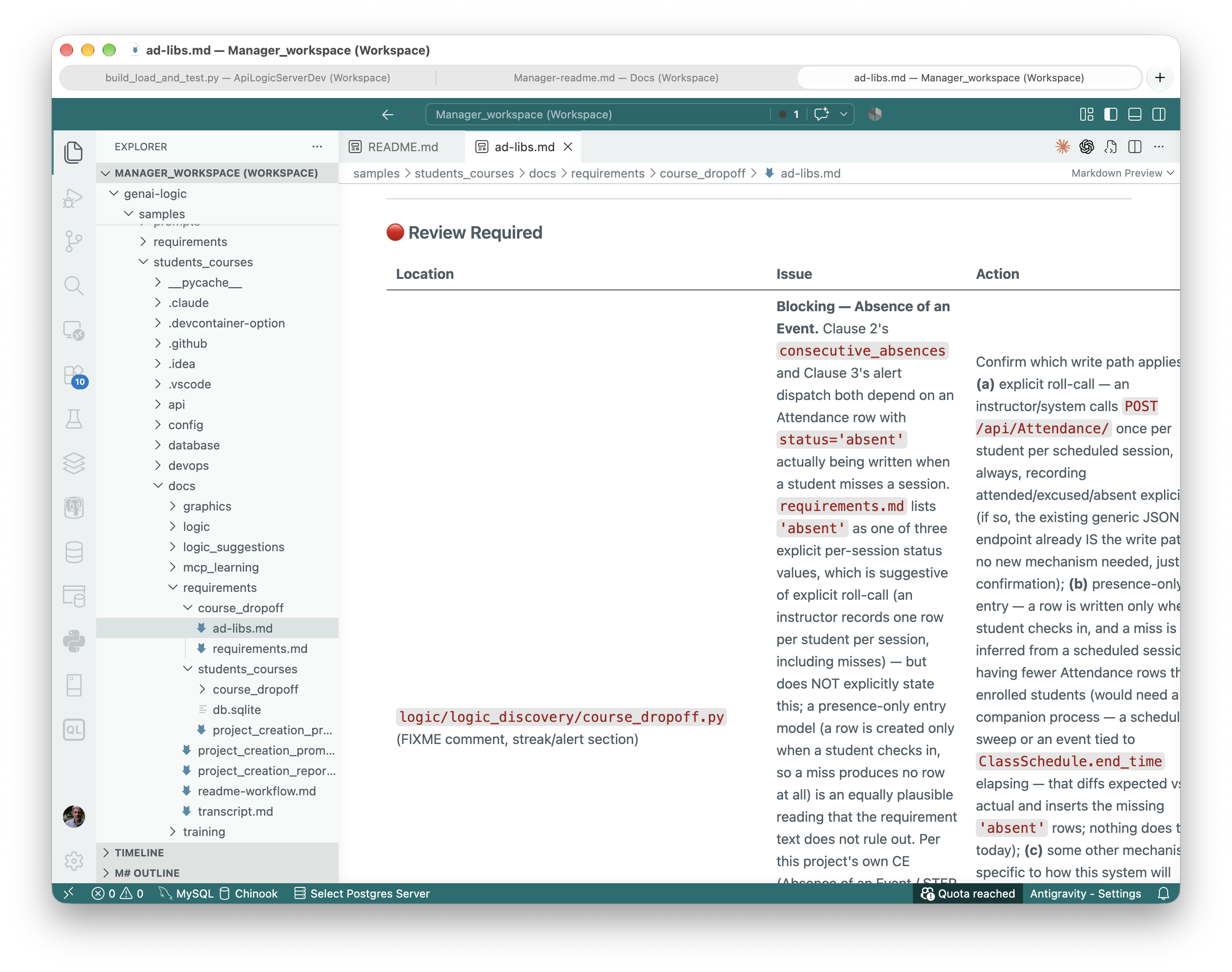 Ad-libs report: a Review Required entry naming a blocking ambiguity, with candidate resolutions