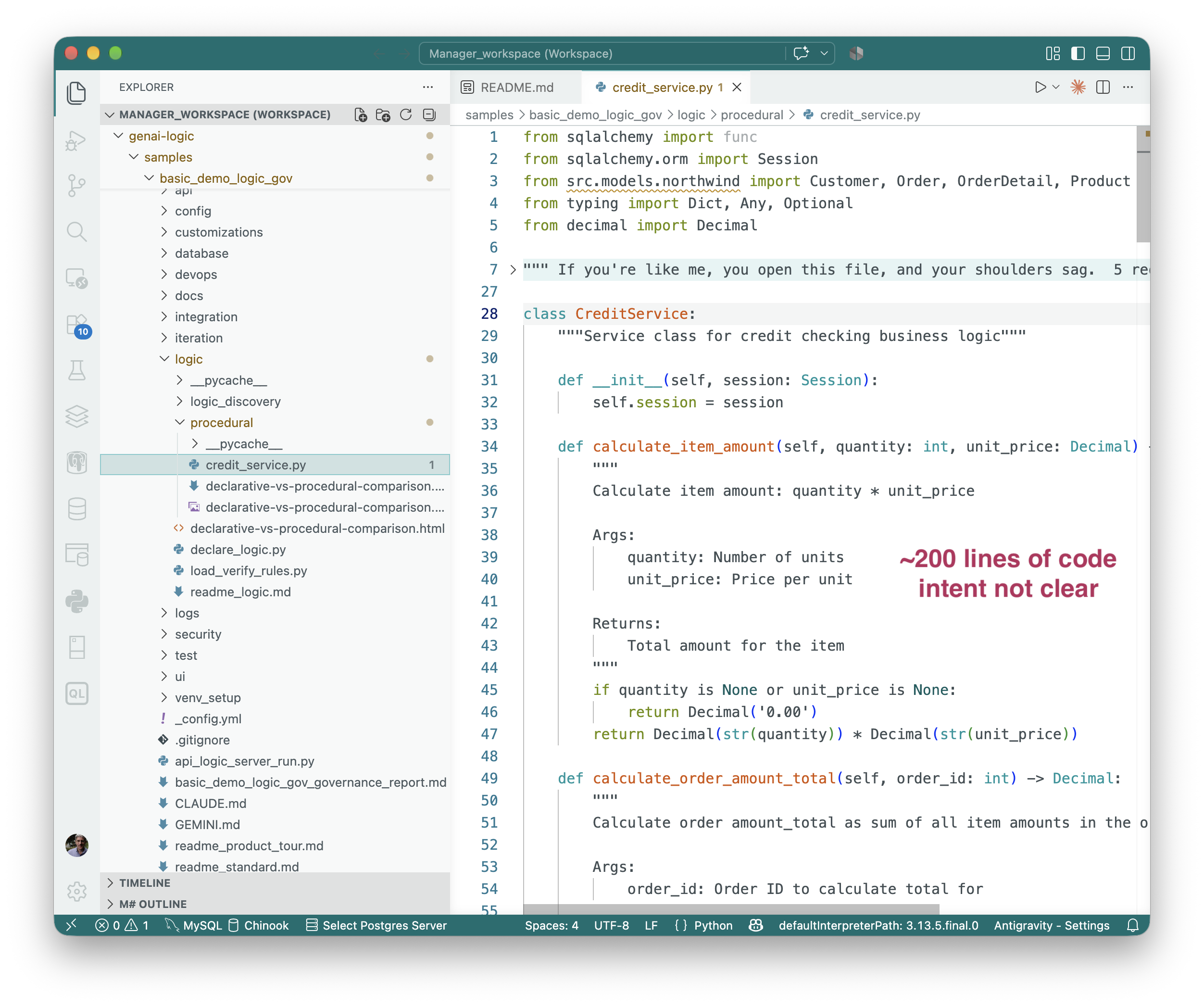 ~200 lines of procedural credit-check code, for the same 5 requirements 5 declarative rules cover