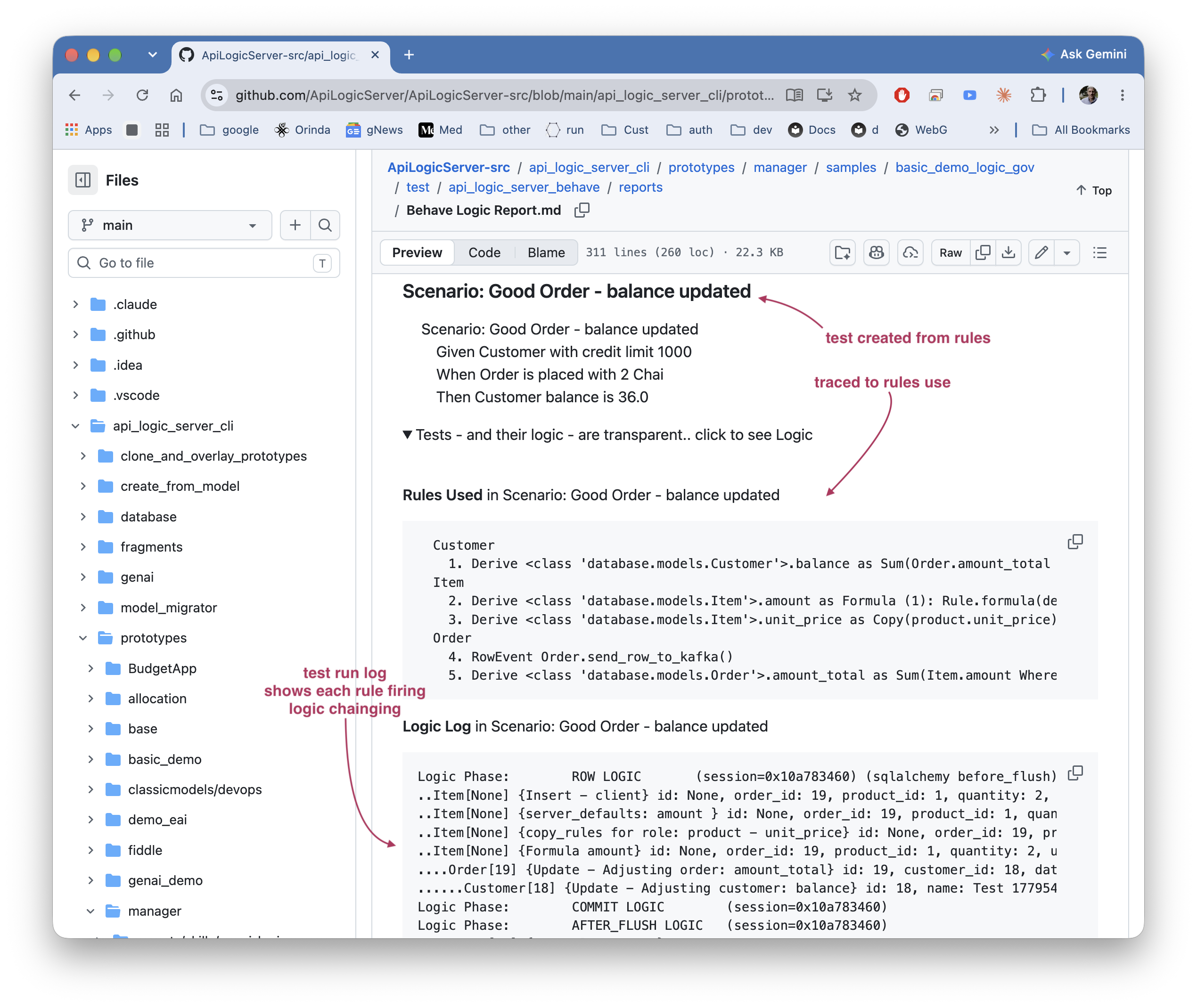 Behave Logic Report: a test scenario traced to the rules it exercised and the logic log proving they fired