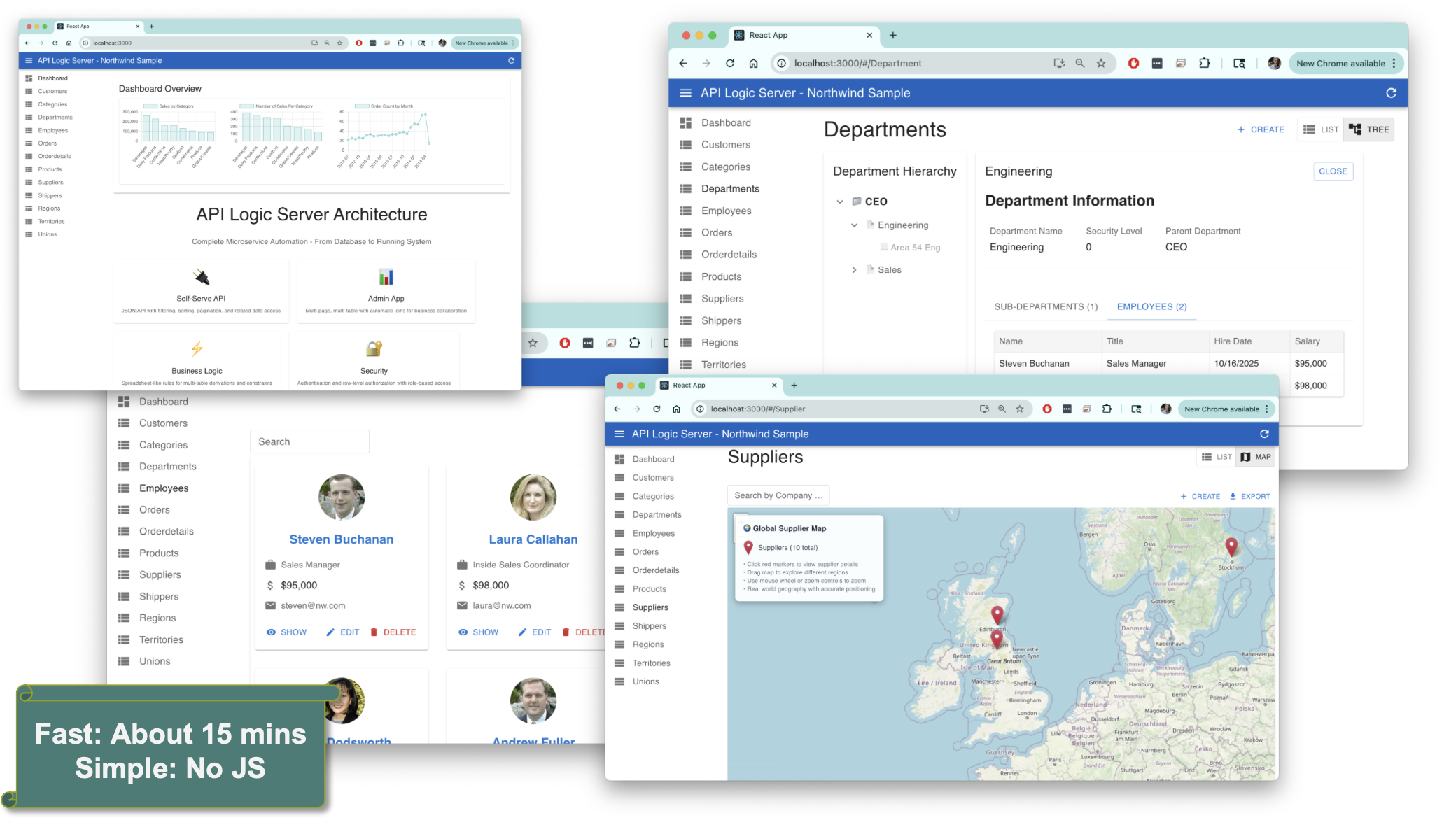 Gallery of vibe-generated UIs &mdash; dashboard, tree view, map, cards &mdash; all against one governed API